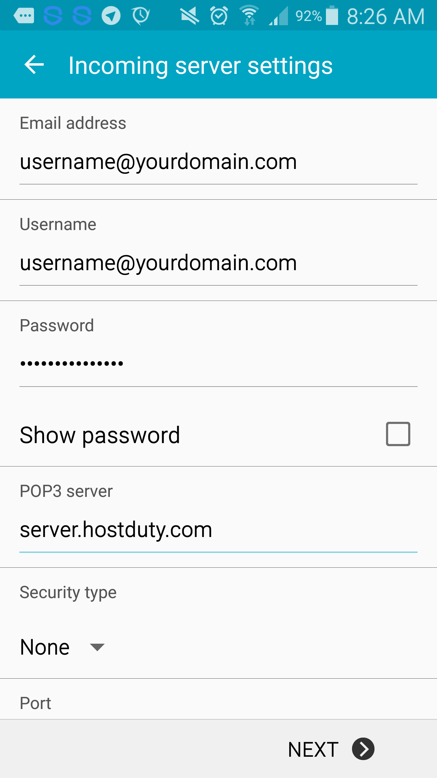 Android Email Settings Step 4 of Email settings for Android V5